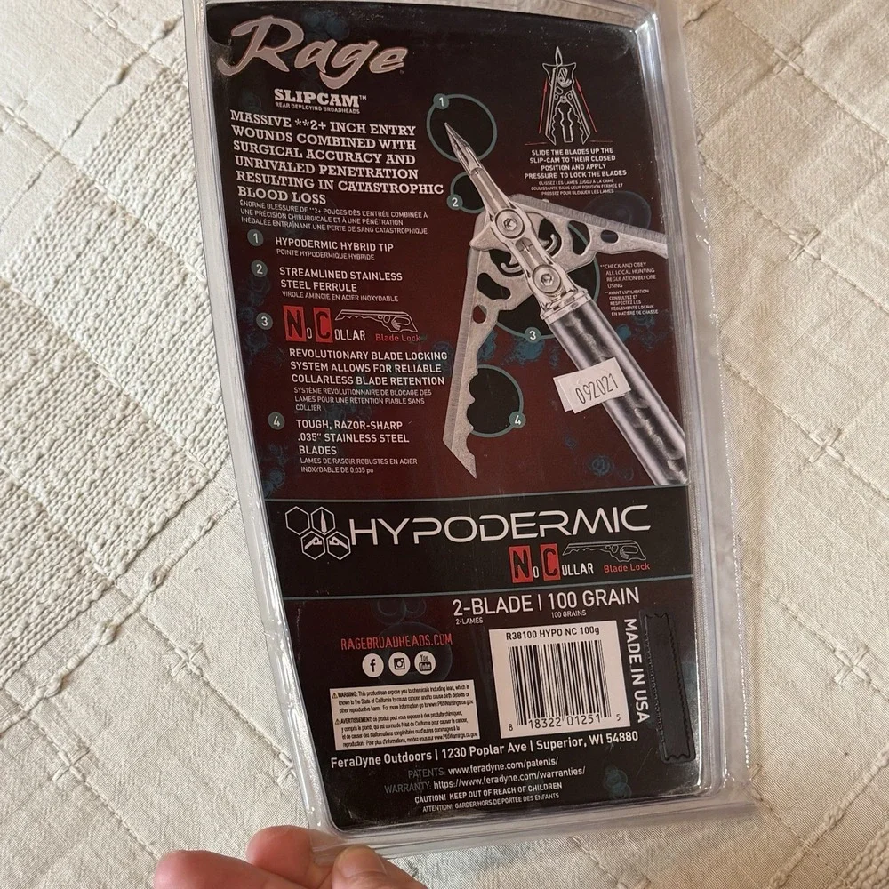 Rage Hypodermic No Collar SlipCam Broadheads 2-Blade 100 Grain (3 Pack)